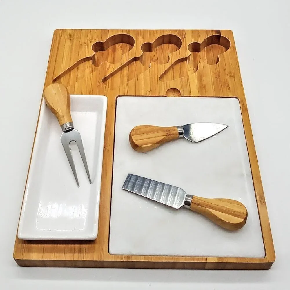 Vintage Bamboo Cheese Board Set NIB